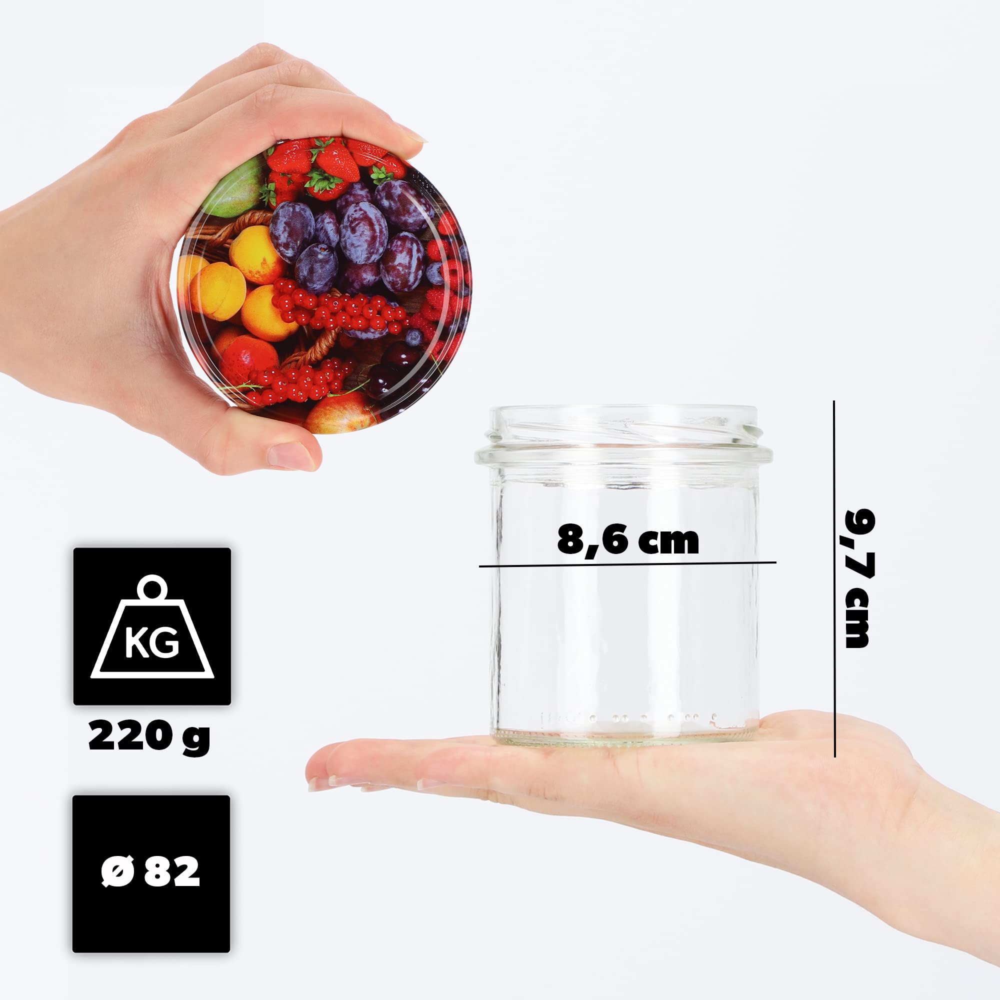 KADAX Jam potten, 350 ml, met diameter van 82 mm, schroefdeksel, kleine inmaakpotten met deksel, voor inmaken, inmaken en conserveren, schroefpotten (wit/blauw, 50 stuks