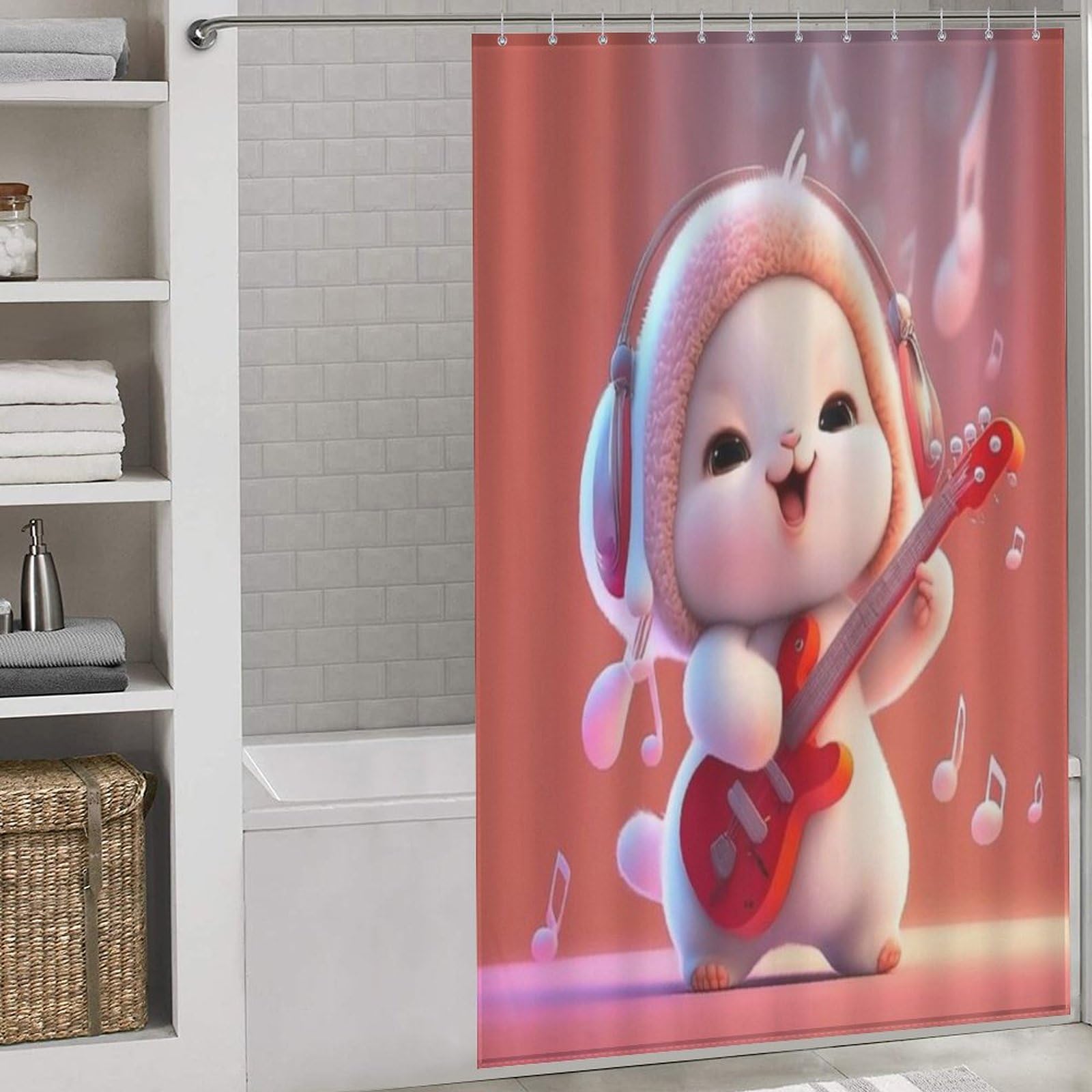 Rideau de douche lapin mignon en polyester lavable et imperméable 140x183cm