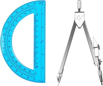 Students Geometry Math Set, Drawing Compass and 6 Inch Transparent Swing arm Protractor 180 Degree Math Protractor Blue