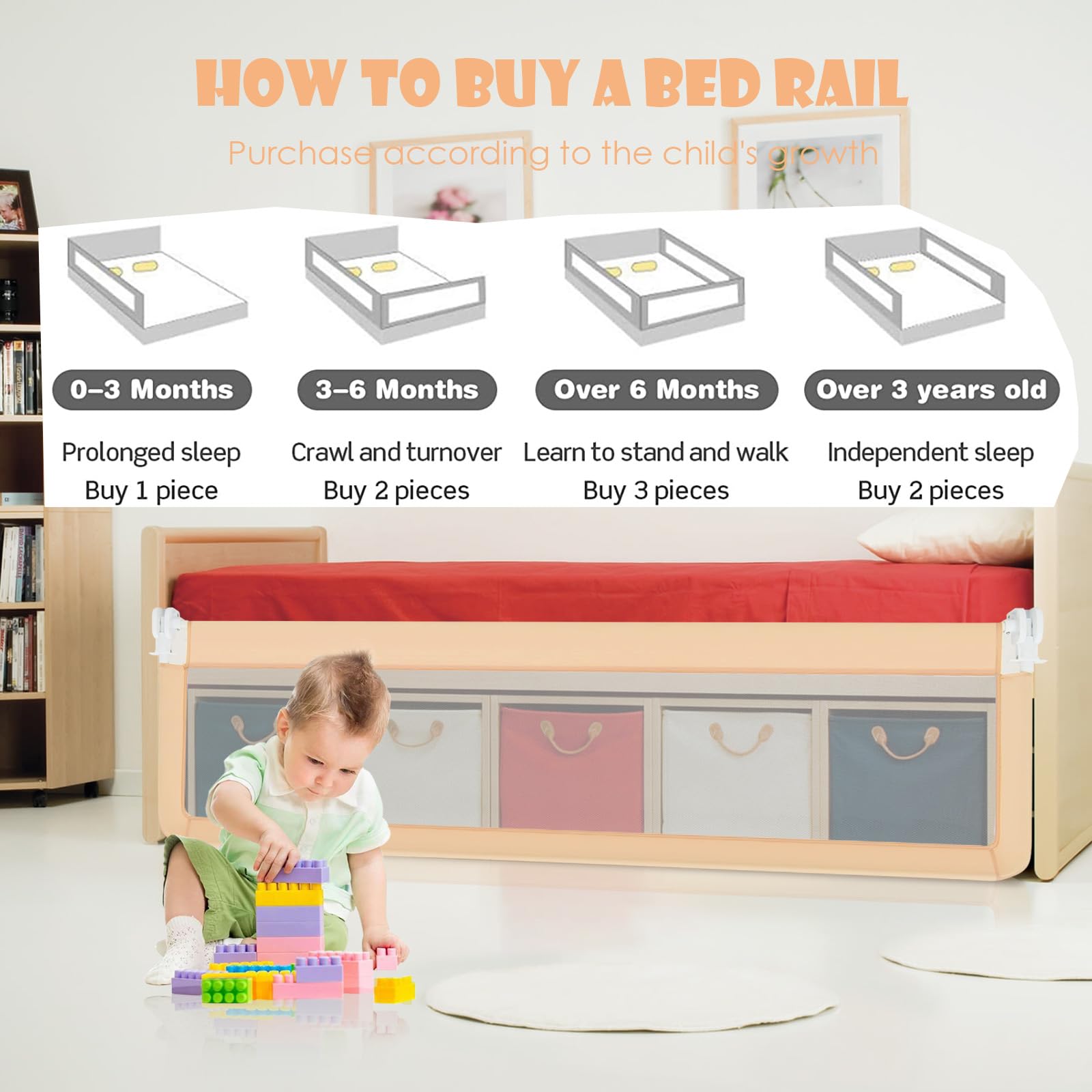 LIFEZEAL Sponda per Lettino Pieghevole 180x56 cm, Sponda di Sicurezza per Bambini con Cinghie, Sponda Letto Rimovibile e Portatile, Morbido Tessuto a Rete Traspirante e Telaio in Acciaio (Beige)