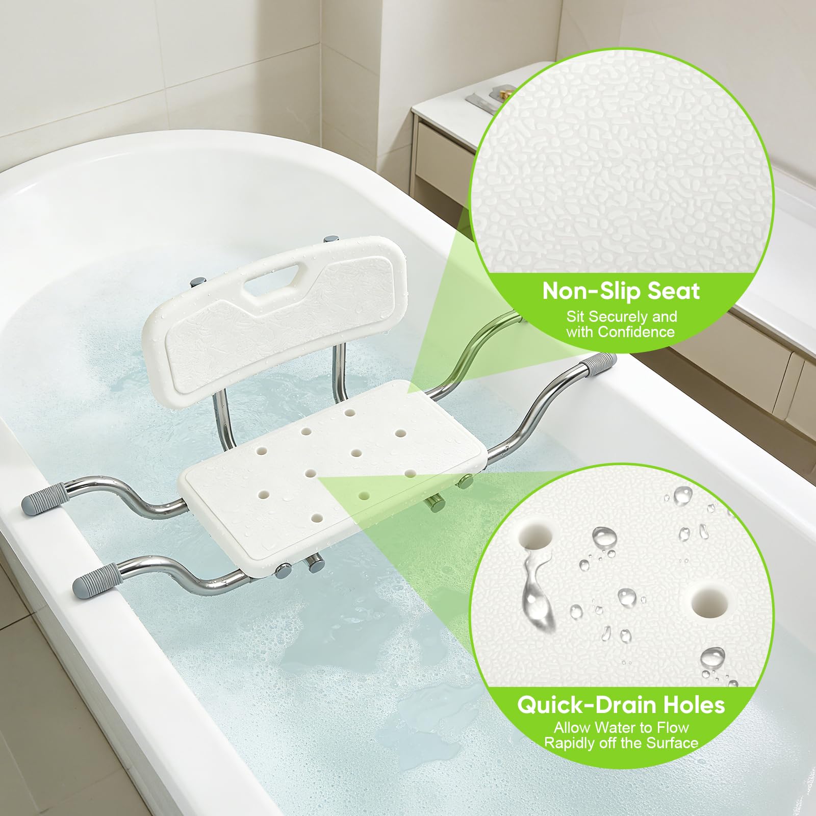 Asiento de bañera para personas mayores con respaldo, taburete antideslizante y extensible (76-96 cm), asiento de bañera de hasta 150 kg, ayuda para adultos
