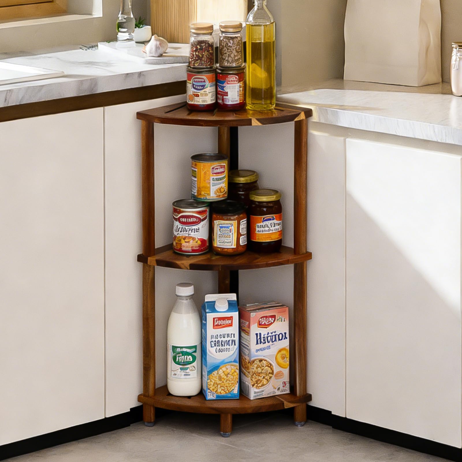 Corner Shower Caddy - Acacia Wood Shelf -4