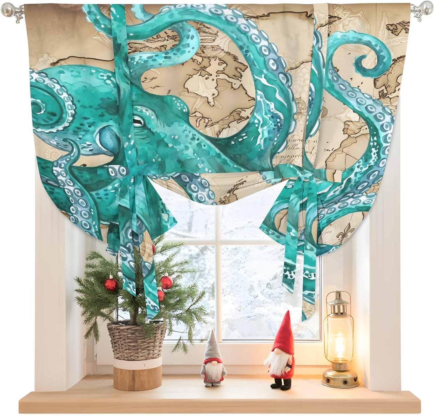 Ocean Blue Octopus Tie Up Curtains for Windows 63 Inch Length Balloon Curtains Kitchen Adjustable Balloon Window Shade Coastal Anchor Sea Boat Retro World Map Tie Up Bathroom Curtain Window 46"x63"