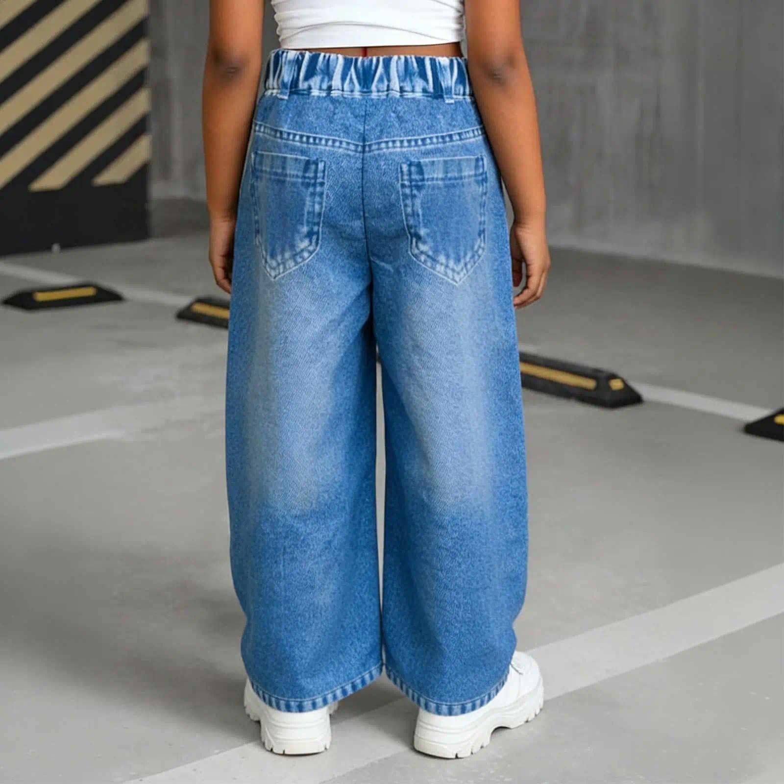 Pantalones capri de pierna ancha con aspecto de mezclilla para niñas, cintura elástica, corte de corazón, pantalones de mezclilla para la escuela — view 4