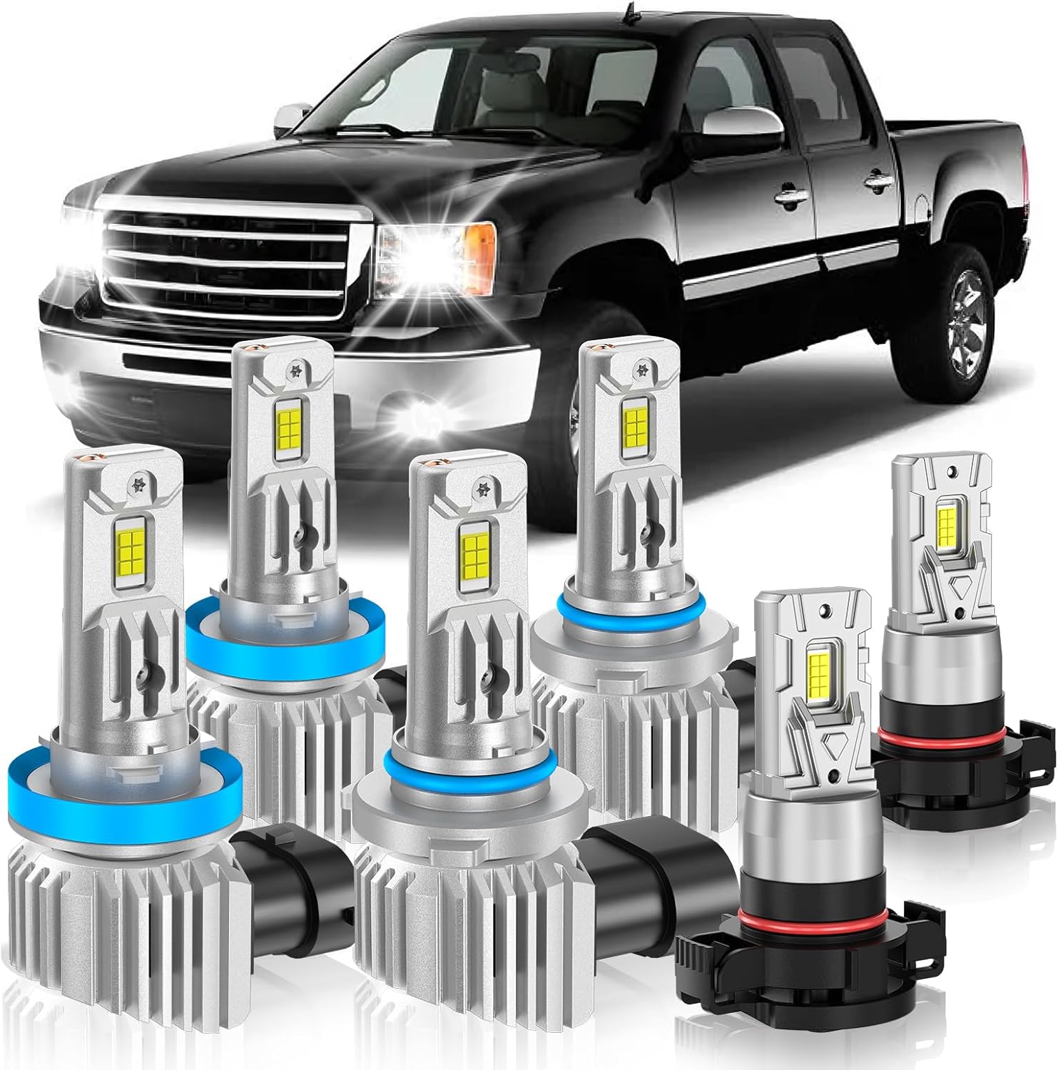 Fit for GMC 2007-2013 Sierra 1500 2500 3500 Light Bulbs, Hi/Lo Beam Fog Light Bulbs Combo, 800% Brightness CSP Chips, 6000K White, Efficient Heat Dissipation, Pack of 6