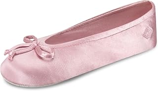 Isotoner Women's Satin Ballerina Slippers with Classic Ribbon Bow and Suede Sole