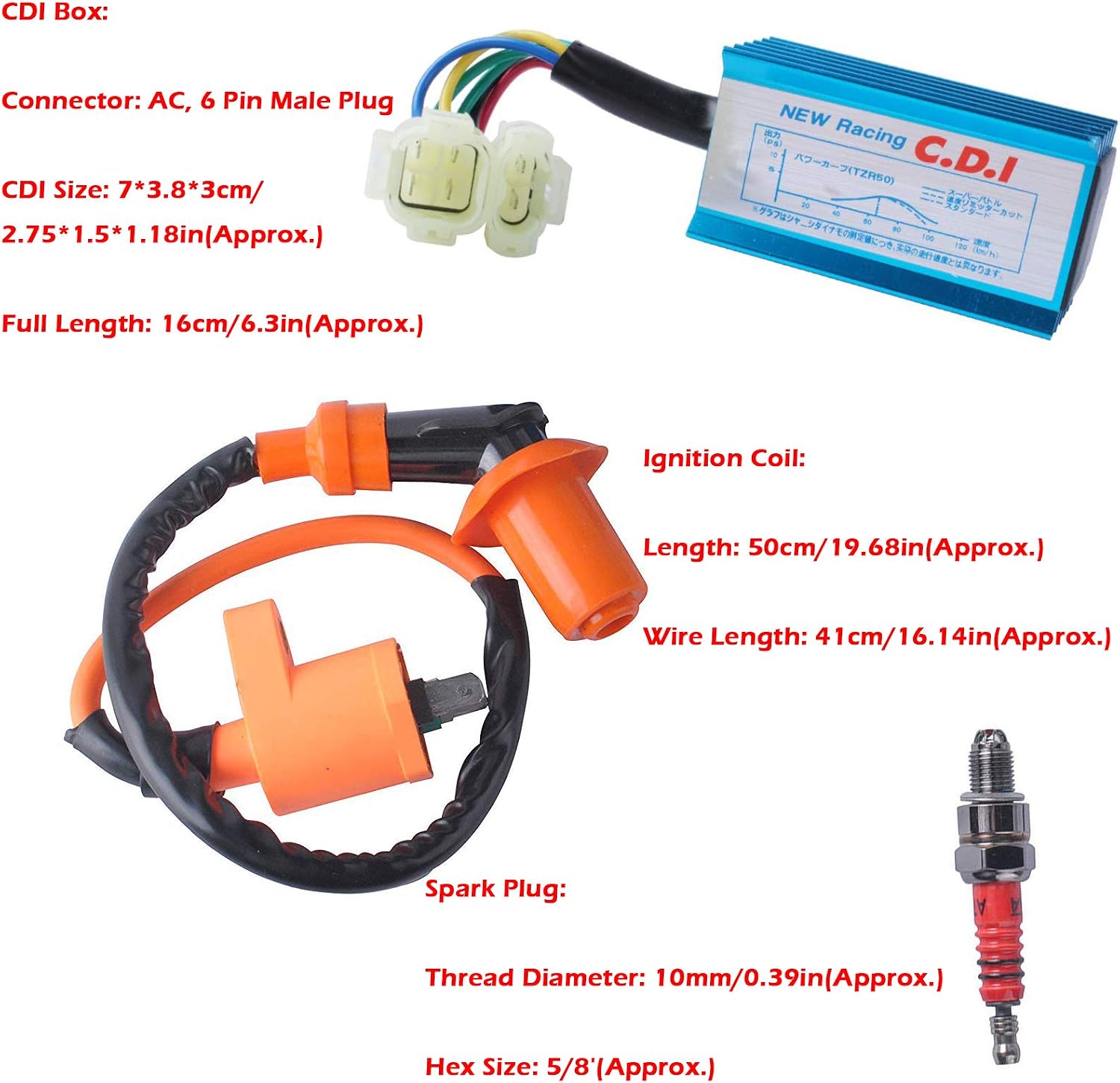 GY6 CDI 6 Pin Ignition Coil for High Performance Racing 50cc 125cc 150cc Moped Scooter ATV Go Kart with 3 Electrode Spark Plug