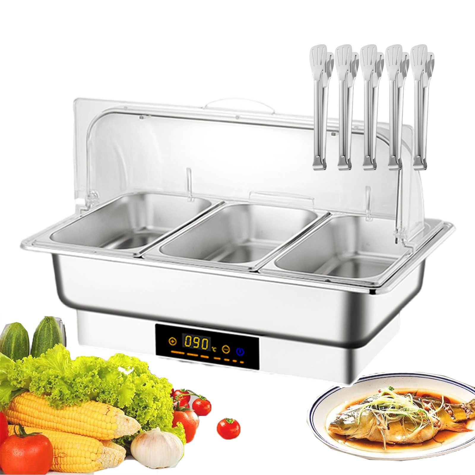 Electric Food Warmer for Commercial (with 5 Food Clip) | Chafing Dish Buffet Set 50-90°C Hot Food Warmer | Stainless Steel Basin Depth:6.5CM | Easy To Use | 1-Grid, 2-Grid, 3-Grid,3-grid