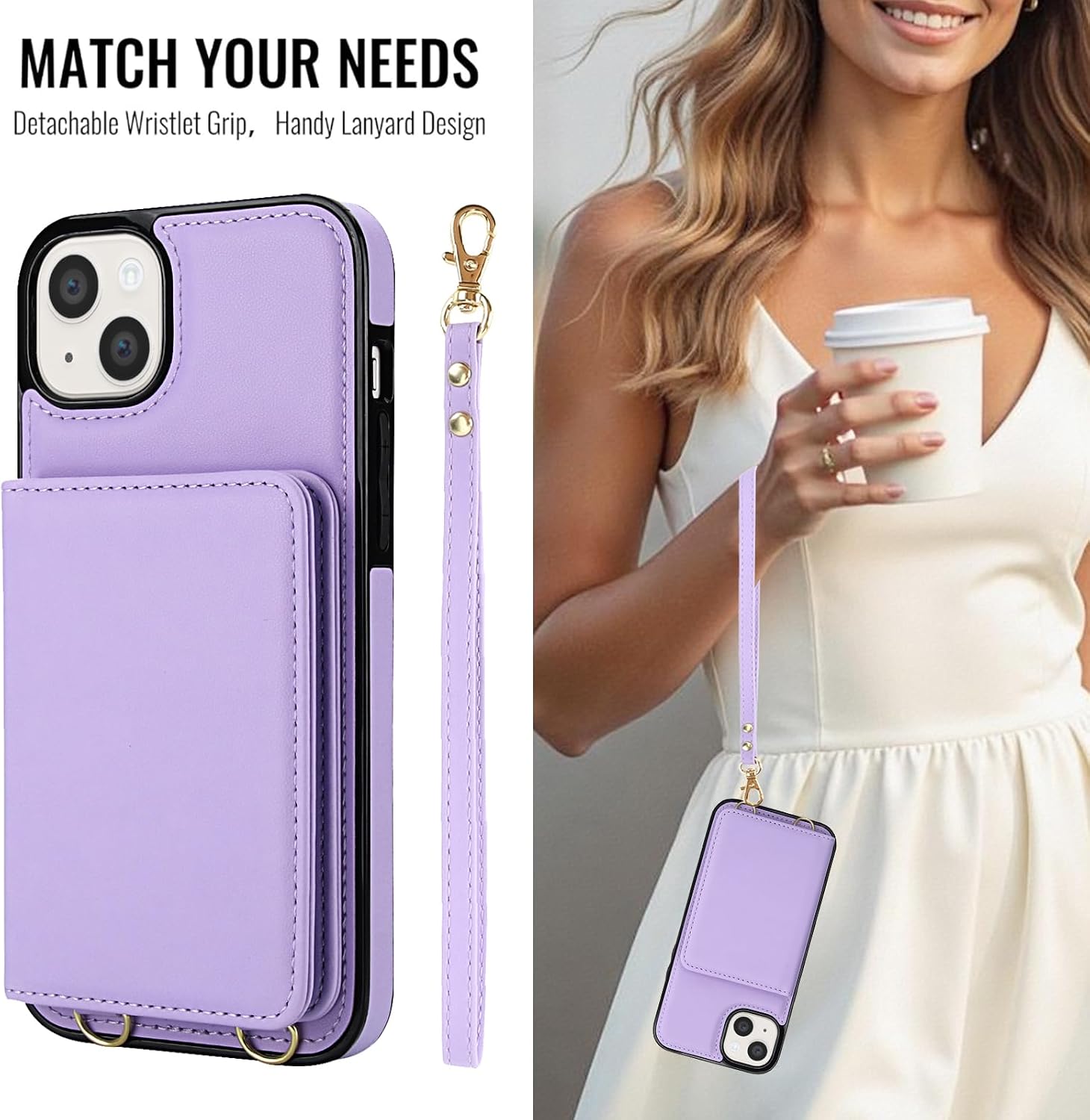 Phone Case for iPhone 13 Mini 5.4 inch Wallet Cell Cover with Screen Protector Wrist Crossbody Strap RFID Blocking Credit Card Holder iPhone13mini i-Phone 13minicase i iPhone13 13mini Women Men Purple