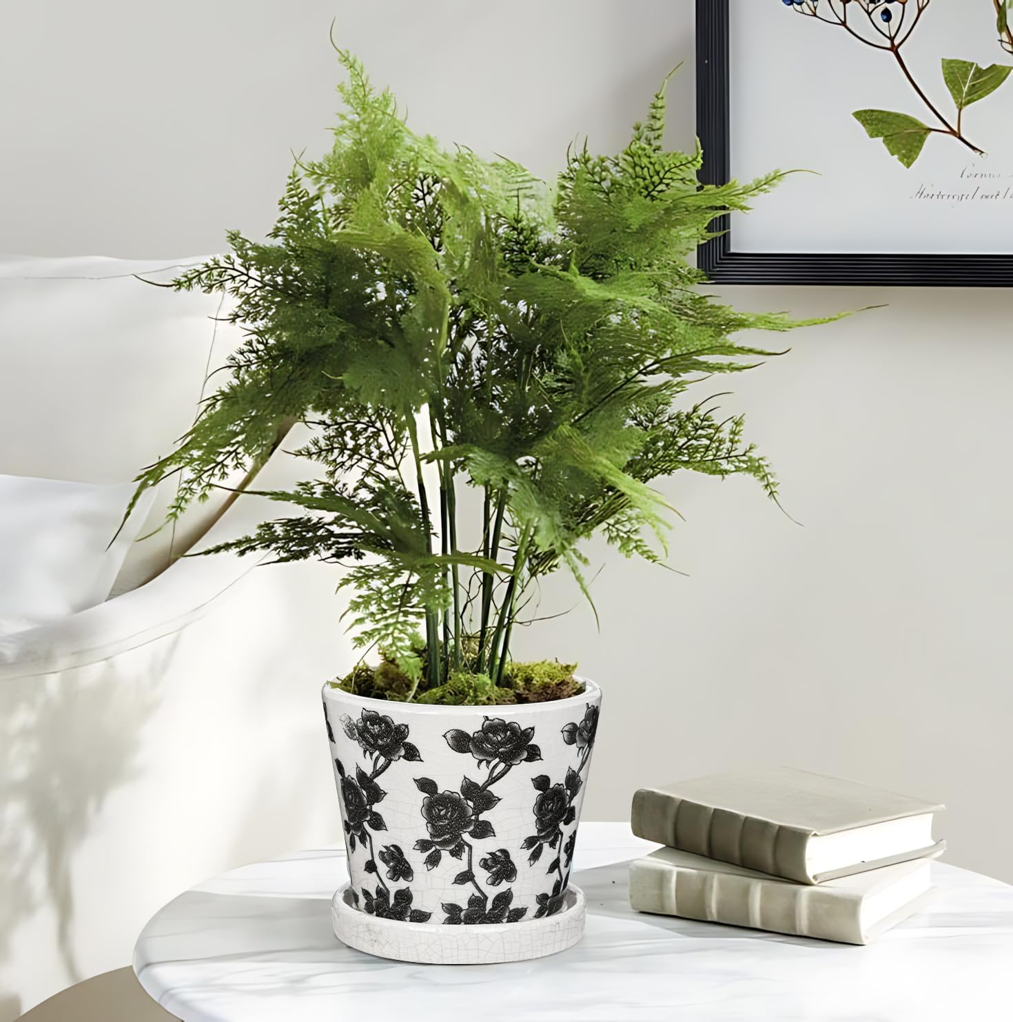 Ceramic Pot for Indoor Plants - 5.5 inch Flower Pot for Plants with Drainage Holes and Saucer Ice Crack Diamond Rose Flower Pattern Ceramic Planter for Outdoor Indoor Herb Snake Plant (Black & White)