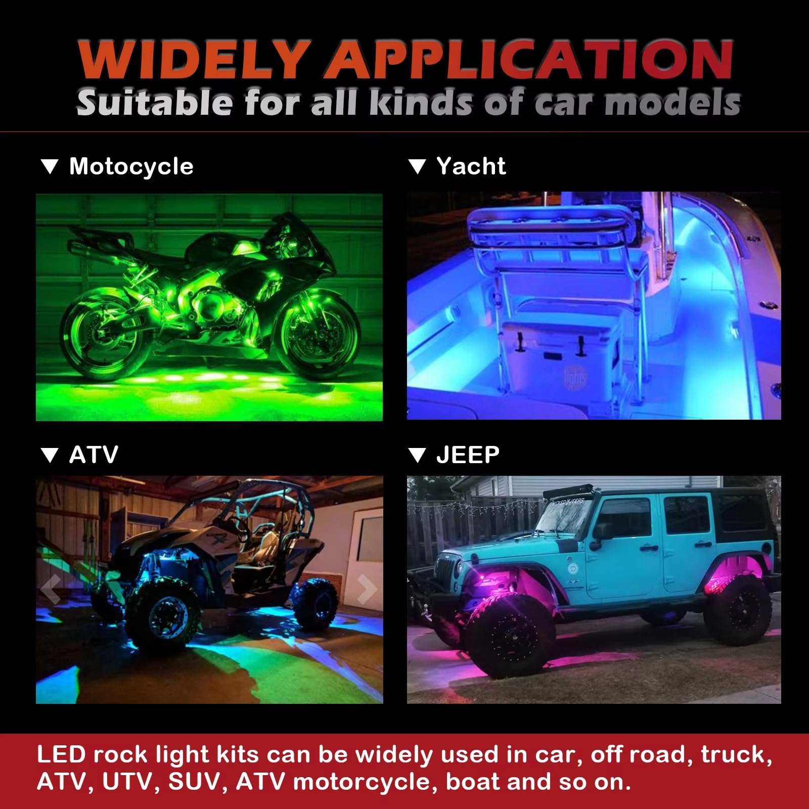 Kit LED RGB Sotto Scocca Auto 2x 60cm 2x 90cm - Luci Multicolore con Controllo App, Effetti Dinamici, Sincronizzazione Musica e Modalità Personalizzabili