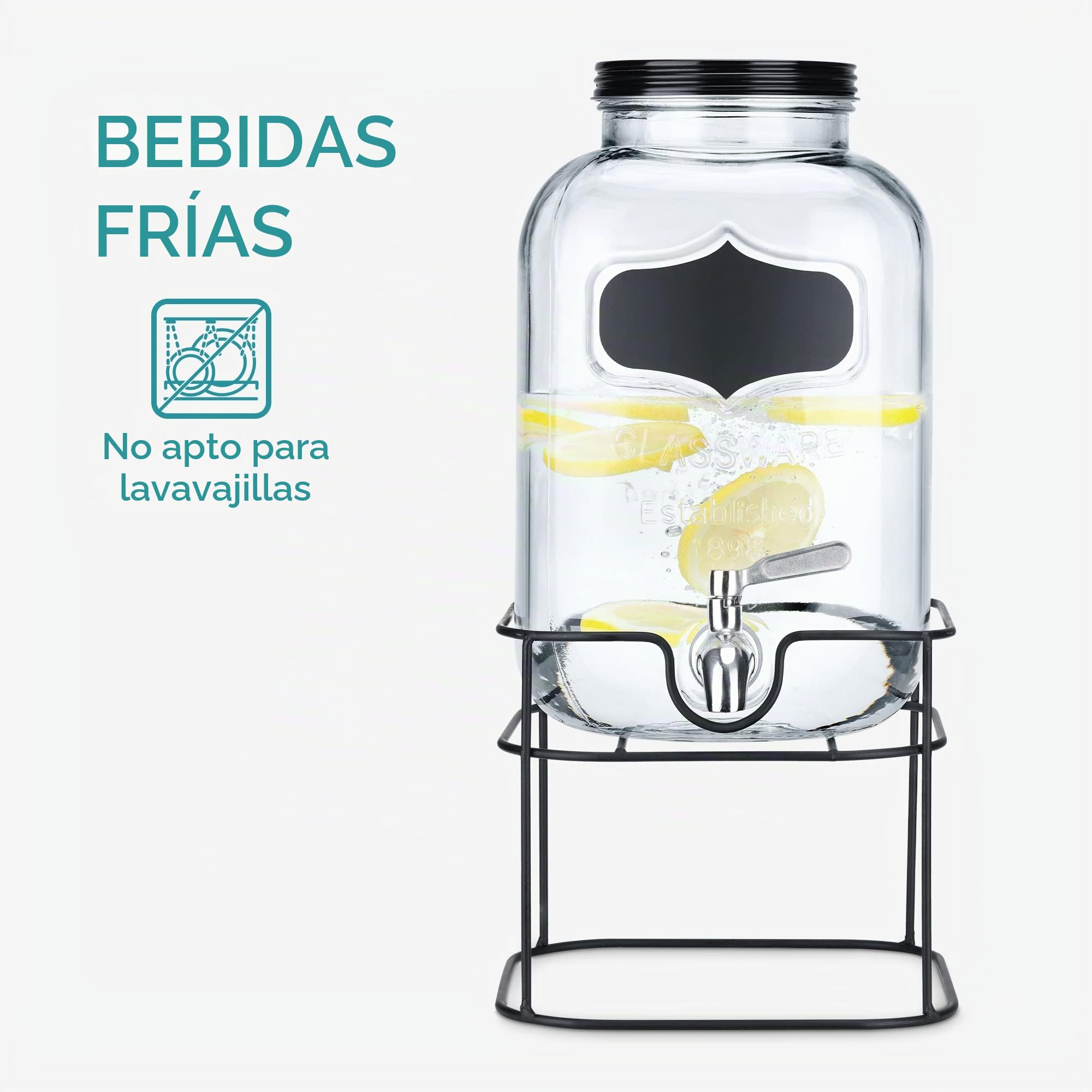 Navaris Dispensador de Bebidas con Grifo - Recipiente de Vidrio de 5 L - Botella de Cristal con Base metálica - Garrafa de Cristal con dosificador