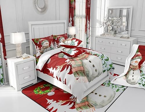 Miniatura 6 de Juego de funda de edredón de Feliz Navidad, tamaño Queen, lindo muñeco de nieve y árbol de Navidad con 2 fundas de almohada, juego de ropa de cama