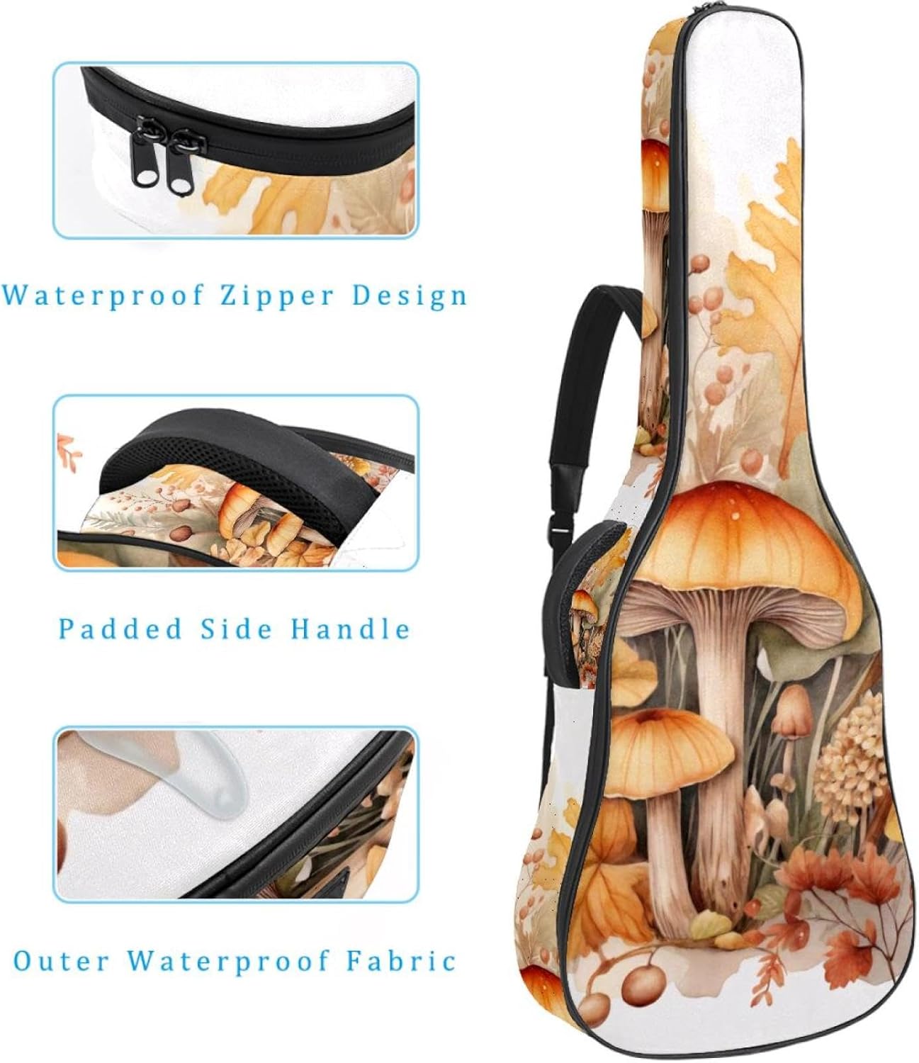 40 41 42 Inch Guitar Bags, Waterproof Padded Acoustic Guitar Case Backpack with Adjustable Shoulder Strap & Pockets, Watercolor Herbs Leaves and Mushrooms