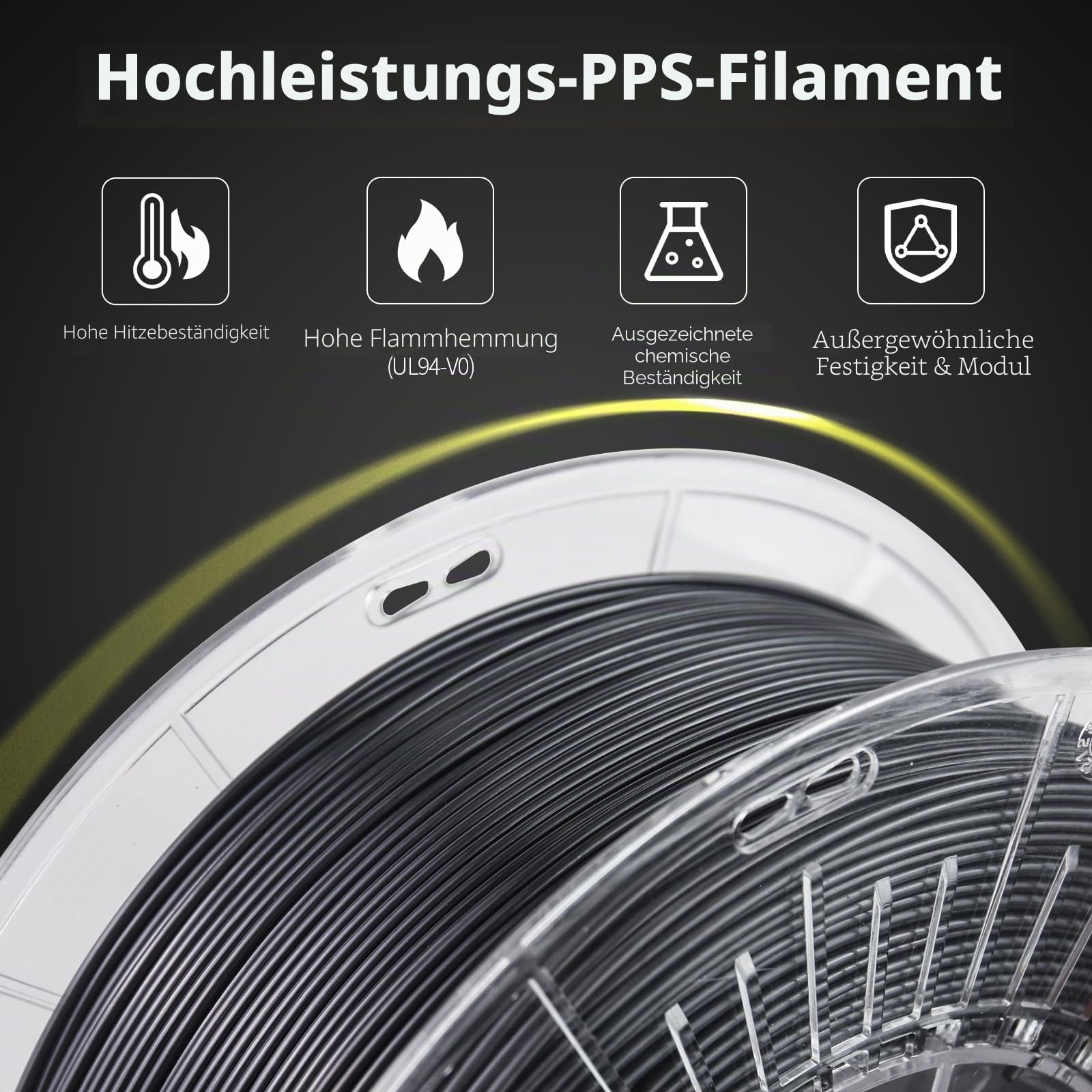 YXPOLYER PPS Filament für 3D-Druck, 1,75 mm Durchmesser, 1 kg, Schlagzäh Modifiziert, Chemikalienbeständig, Hochtemperatur-Thermoplast bis 300 °C, PC-Spule