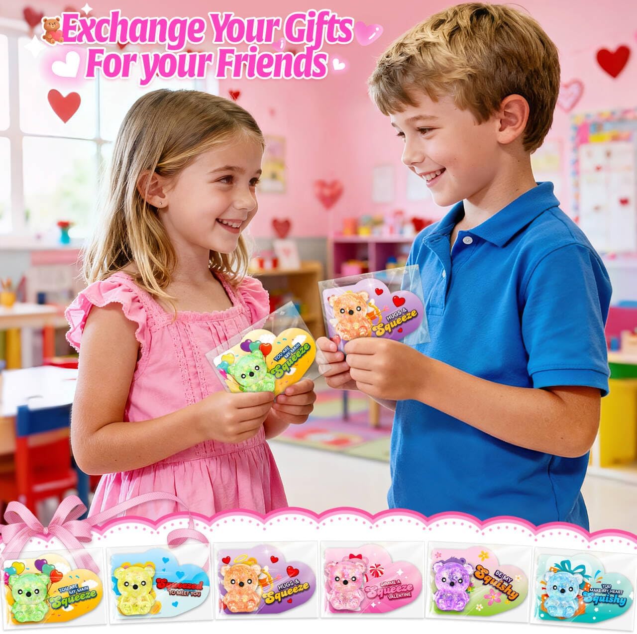 Valentines Day Cards for Kids School, 24 Pack Valentines Cards with Bear Squeeze Toys, Valentine's Day Gifts for Kids Classroom Exchange, Valentine Party Favor Classroom Prizes for Boys Girls
