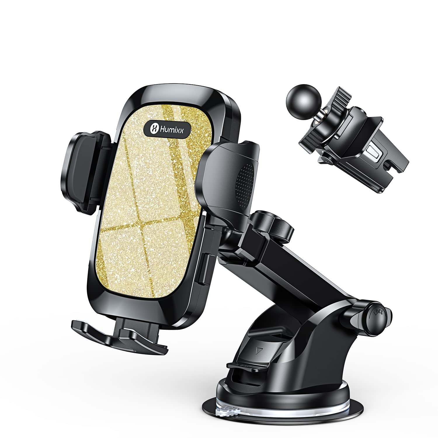 Humixx Car Phone Holder Mount [Super Suction & Stable] Universal Hands-Free Cell Phone Holder for Car Dashboard Windshield Air Vent Prestige Gold Car Mount for iPhone Samsung All Smartphones & Cars