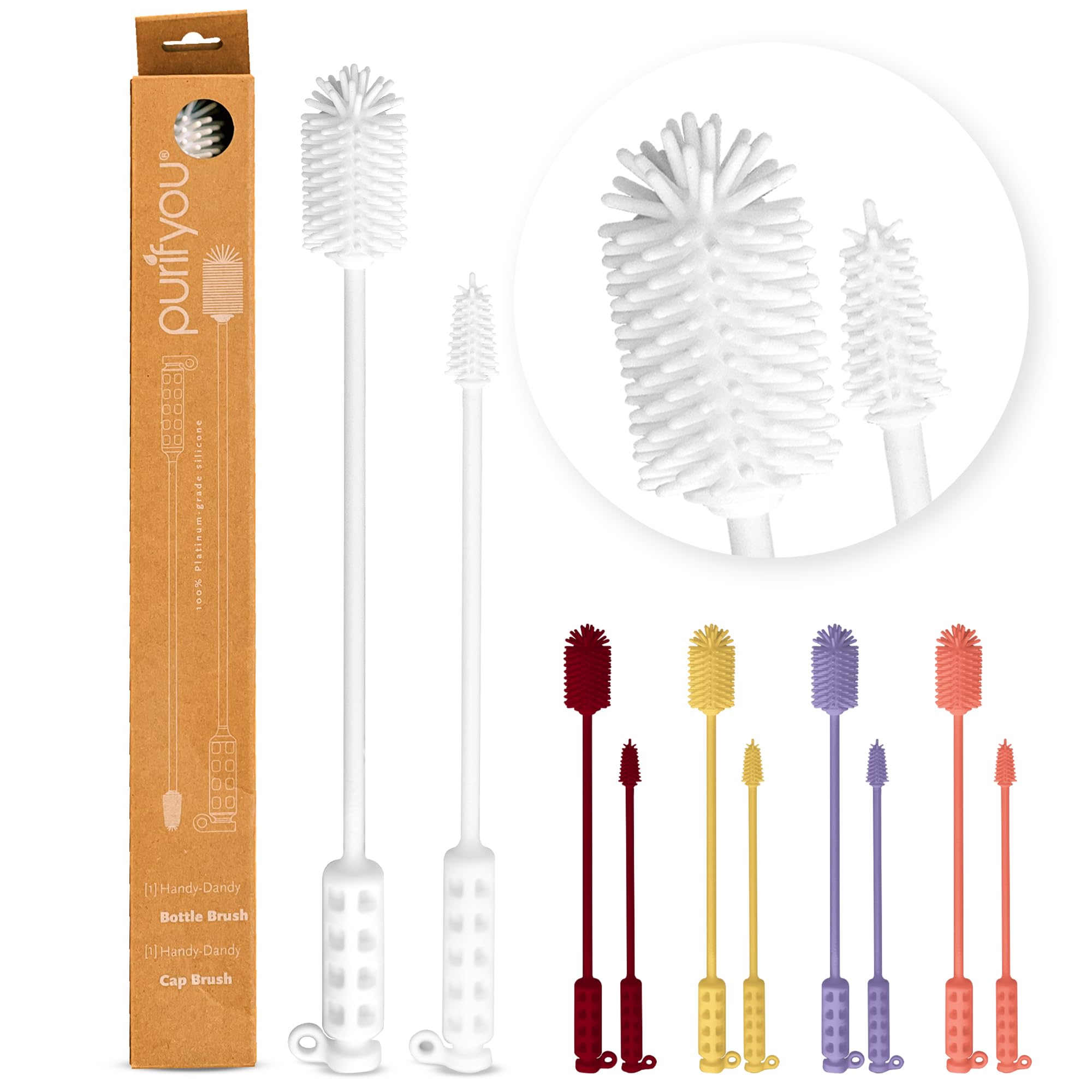 purifyou Silicone Water Bottle Cleaning Brush Set, 16-inch & 12-inch, Flexible, Durable, Silicon Bottle Brushes for Thorough Cleaning of Bottles, Lids, Glasses, & Baby Bottles (White)