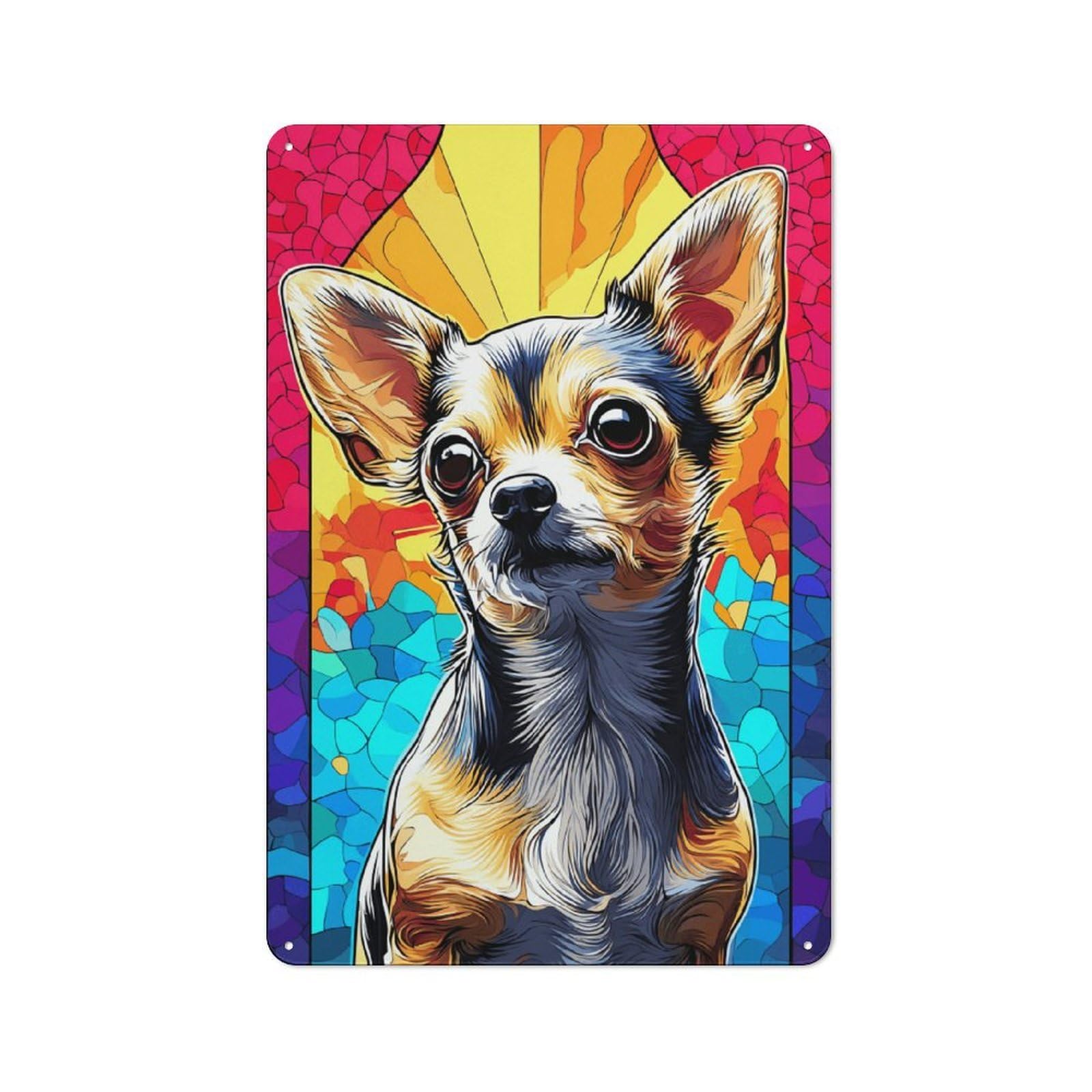 Junmoney Stained Glass Chihuahua Portrait Metal Plaque With Design 30X20cm, Cosy Diner Style Decor For Coffee Bar, Kitchen, Bistro Or Tea Corner