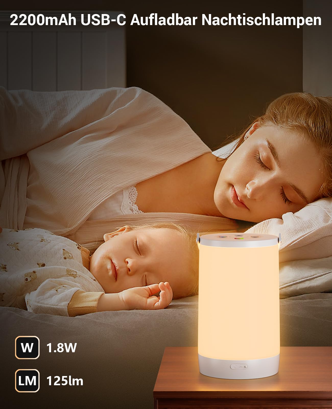 Hensam LED Tischlampe Kabellos Outdoor, Nachttischlampe Akku für Schlafzimmer, Stilllicht Ohne Kabel, Tragbares, 2200mAh, Schlaflicht Dimmbar Rot und 3000K