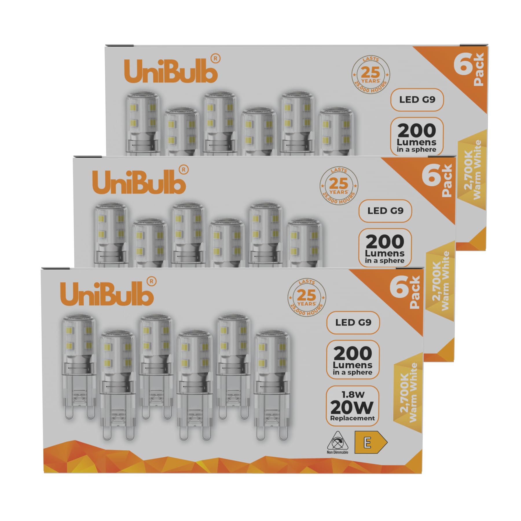 Unibulb G9 LED Light Bulbs, 200 Lumens, 1.8W (20W Halogen Equivalent), Warm White (2700k), 220-240V, Bi-Pin Base Energy Saving, T3, 25,000hr lifespan (18)