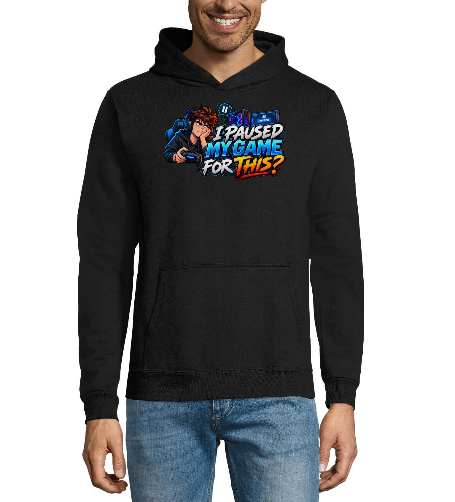 Gamer Frustration Over Paused Game Screen Unisex Mieszanka bawełny Bluza z kapturem Bluza z kapturem Czarna