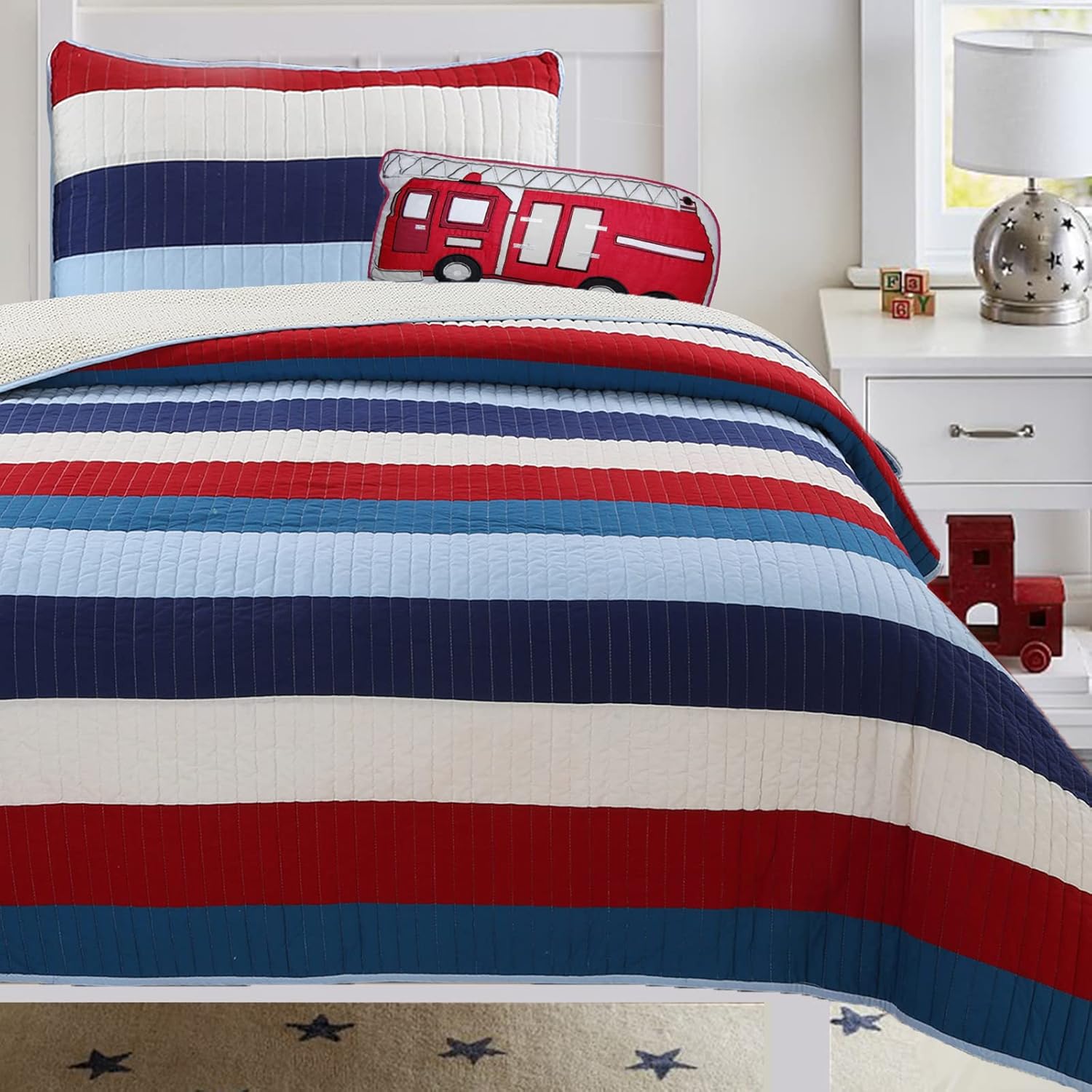 Nautical Navy Blue Red Off-White Striped Printed 100% Cotton Bedding Set,Reversible Coverlet,Bedspread (National, Twin - 2 Piece)