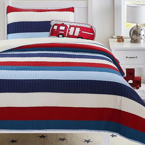 Cozy Line Home Fashions - Juego de ropa de cama Aaron, colcha reversible con rayas náuticas azul marino, rojo y blanco, 100% algodón, juego de ropa