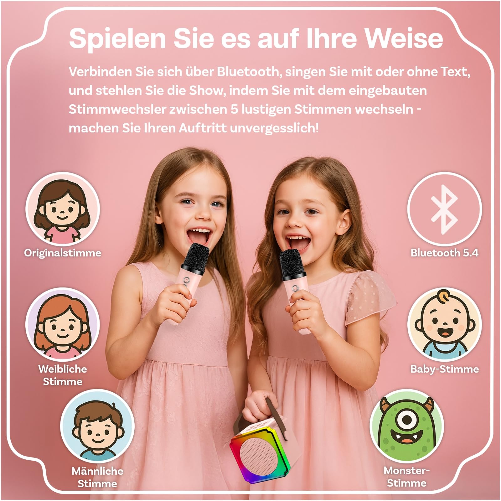 Karaoke Maschine Kinder mit 2 Mikrofon von MMOBIEL – Mini Karaoke Maschine, Tragbare Bluetooth Lautsprecher, 2 Mikrofon Kabellos – Spielzeug 3+ Jahre, Geschenke für Mädchen, Junge, Kinder – Rosa