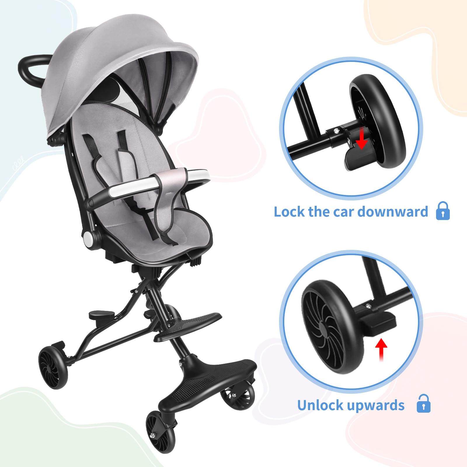 OHMG Passeggino compatto pieghevole 25 kg con sistema trolley cappottina estensibile 0-4 anni 5 kg