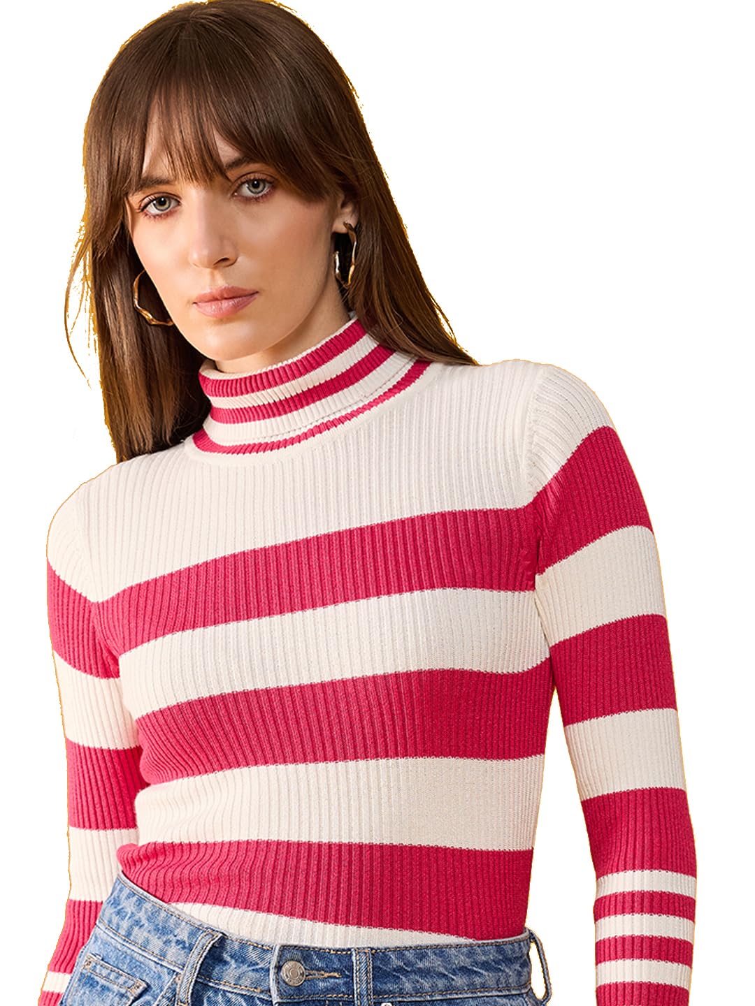 98 north 98 Degree North Women Cotton Self Design High Neck Pullover Has A Full Sleeves and Straight Hem-RG1161-F.Pink-picture-14