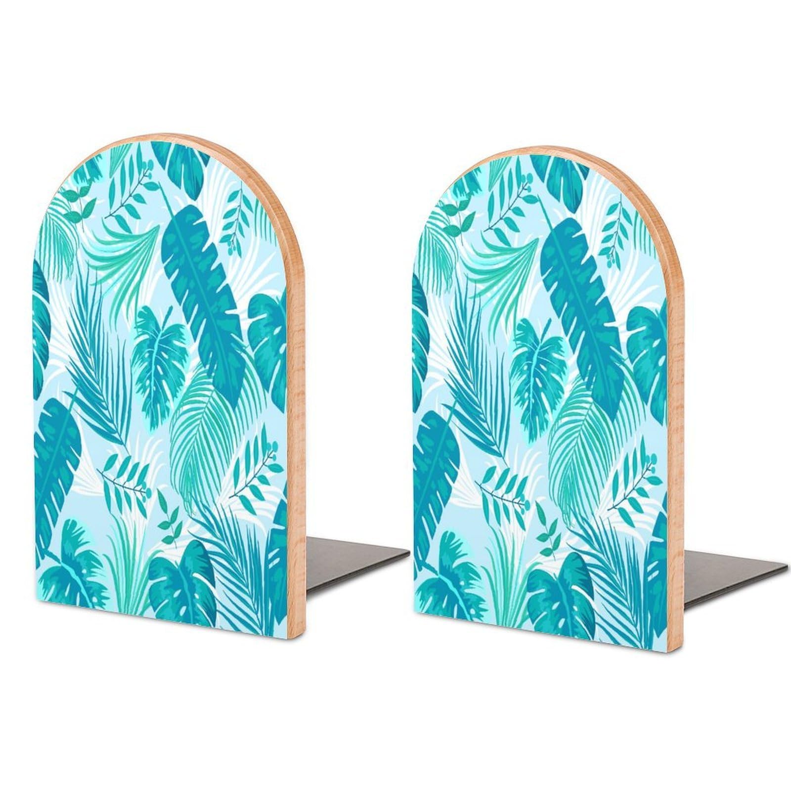 Topical Palm Leaves on Fabric Texture. Beech Wood Bookends Heavy Duty Book Organizers Desktop File Holder for Office Home Bookshelf