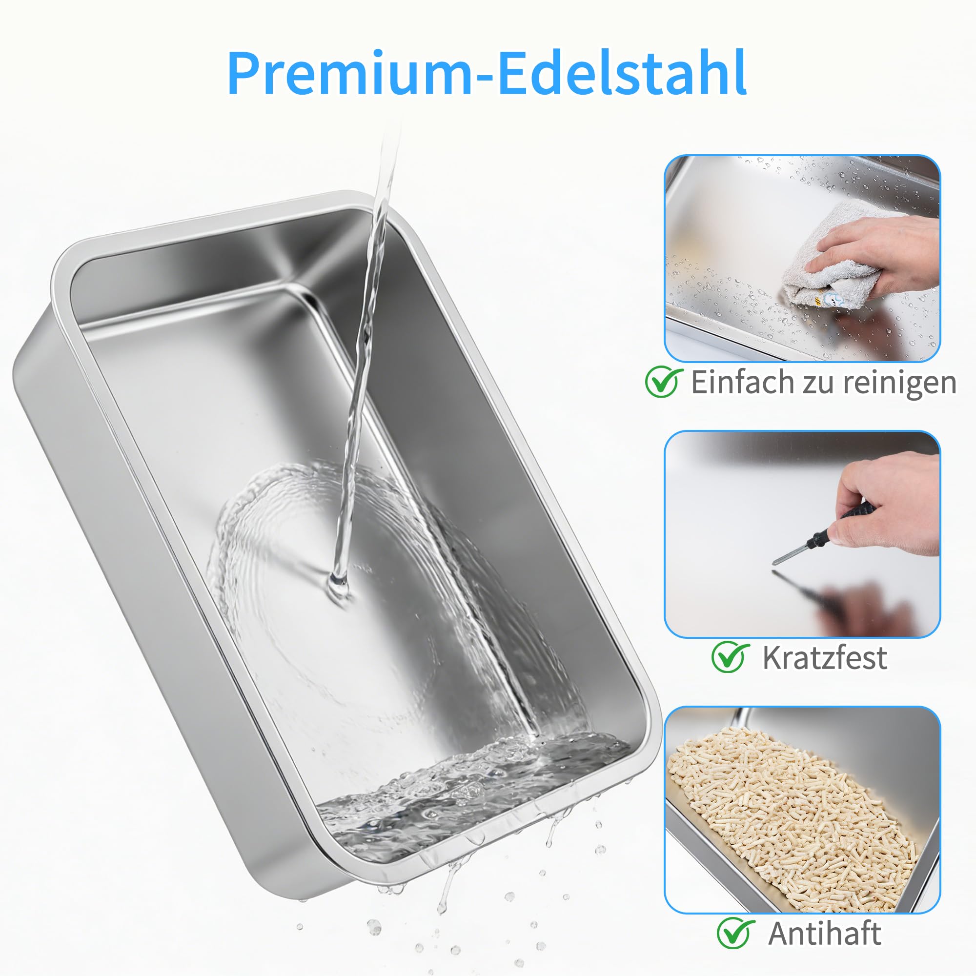 Katzenklo Edelstahl mit Abnehmbares Hoher Rand, Katzentoilette Edelstahl Offen Groß XXL Mit Hochwandigem Seitengehäuse, Metall Katzenklo, Nicht-Klebrig, Auslaufsicher & Einfach zu Re - 50 * 35 * 15cm