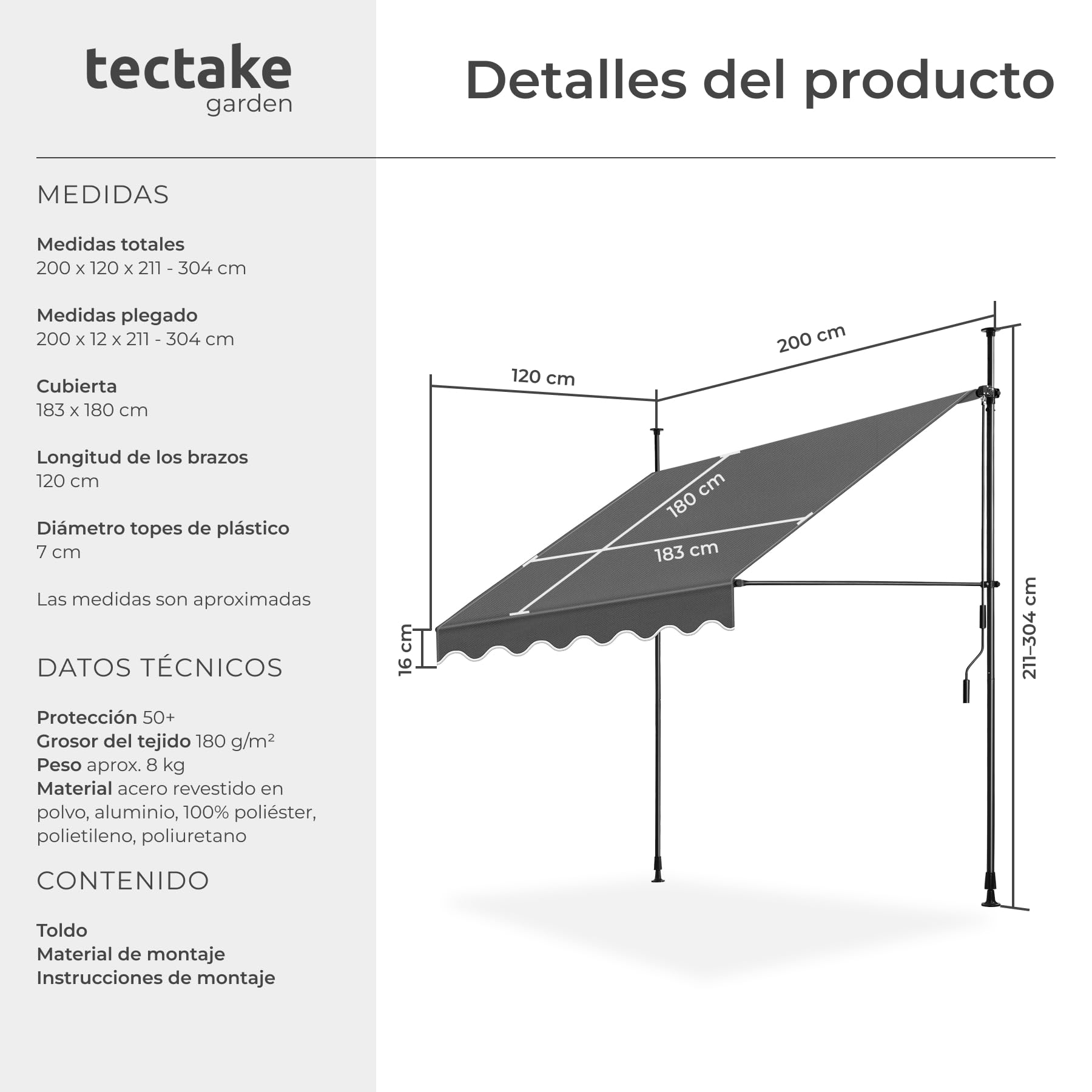 tectake® Toldo Terraza Manual Regulable en Altura con Manivela, Toldo Balcón sin Taladros, Extensible Terraza, Resistente a Rayos UV, Protección Solar y Repelente al Agua - 200 cm - Negro/Gris