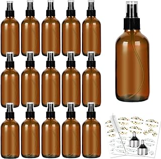 120ml 16 Pack 4oz Amber Glass Spray Bottles with Fine Mist Sprayers, Glass Travel Bottles for Cosmetic, Essential Oils, Cleaning Solutions, Perfumes & More Liquids (1 Brush, 2 Funnels and 24 Labels Included)