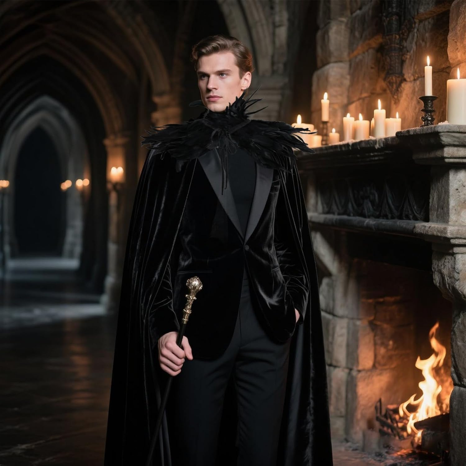 Women's Gothic Evil Queen Costume Demon Horns Black Feather Collar Cloak Set for Halloween Cosplay Party - Image 8