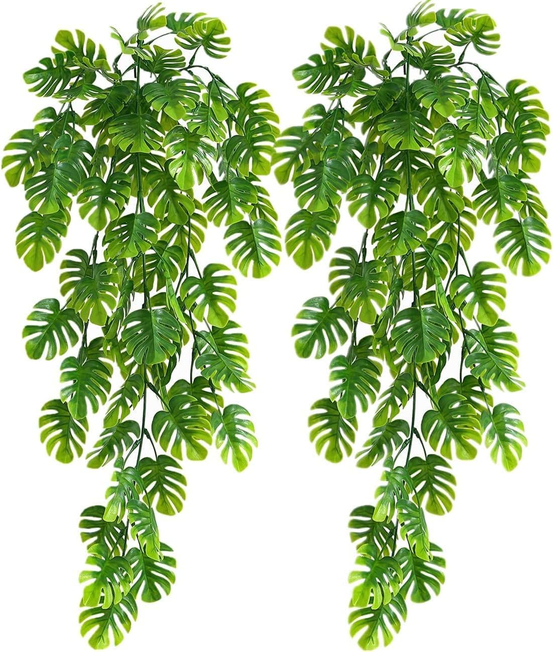 Dekorly Plastic Artificial Hanging Plants, Monstera Leaves Ivy Vine Faux Greenery Tropical Palm Leaves Hanging Plants UV Resistant Jungle Leaf for Garden Home Party (Height : 65CM, Design-F, 2 Pack)