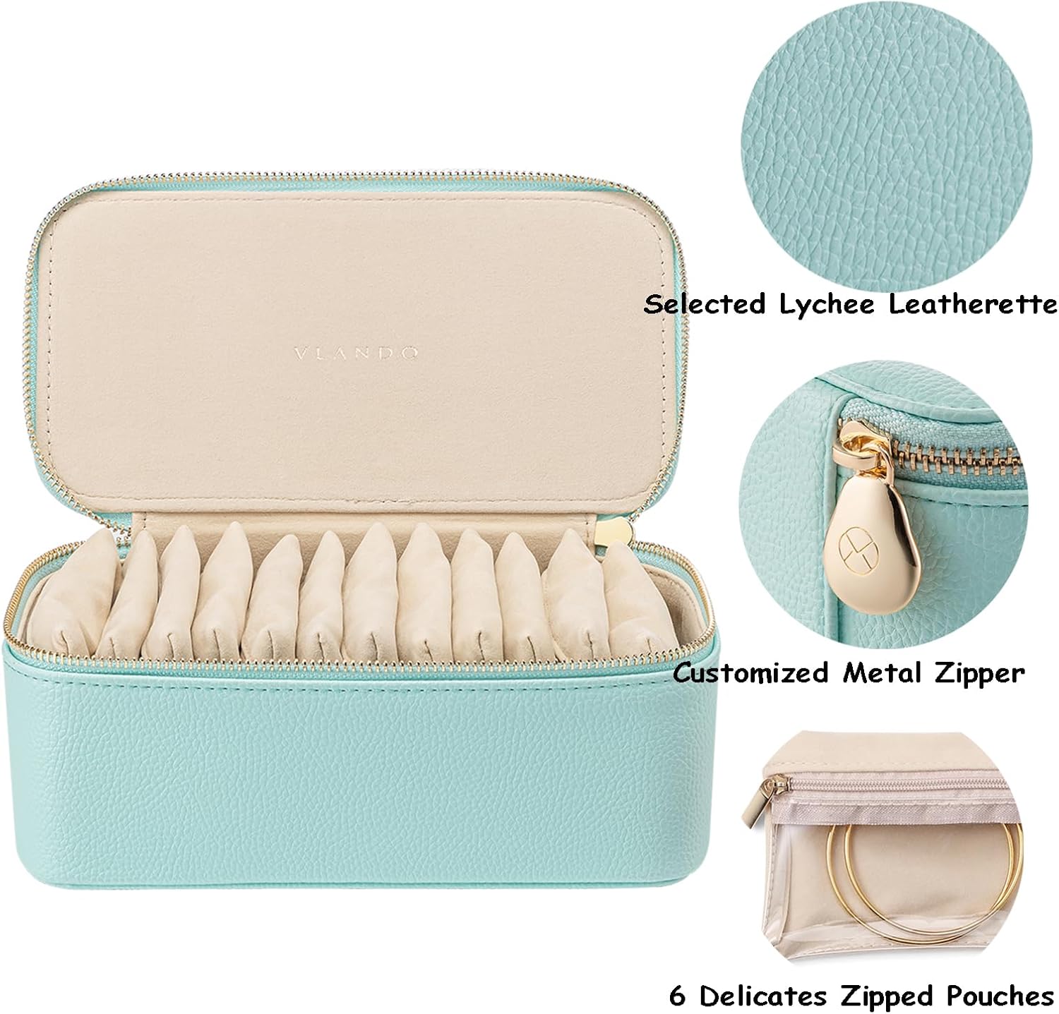 VLANDO Travel Jewelry Box Organizer – Portable PU Leather Jewelry Case with 6/8/12 Zippered Pouches, Compact Storage for Earrings Rings Necklaces Bracelets, Aqua Blue