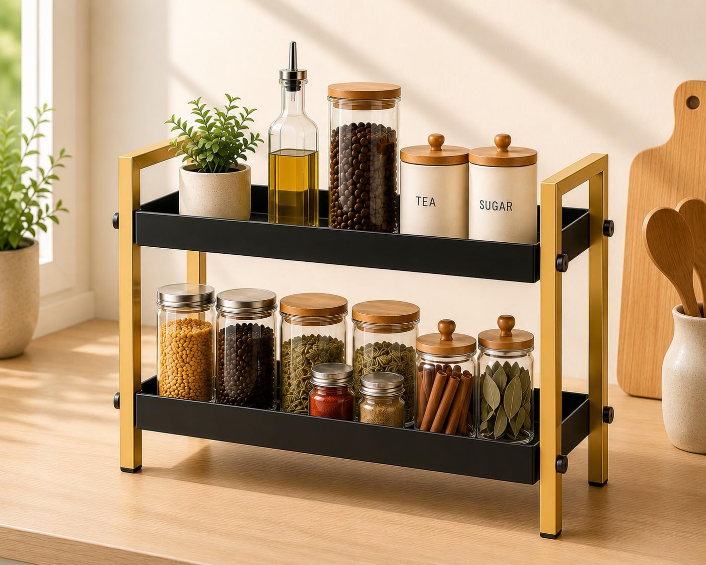 2-Tier Kitchen Countertop Organizer Rack, Metal Spice Rack Shelf for Kitchen Counter, Multi-Purpose Storage Stand for Coffee Station, & Heavy-Duty Counter Organizer, Matte Black (Black Gold, 3-Tier)-image-30