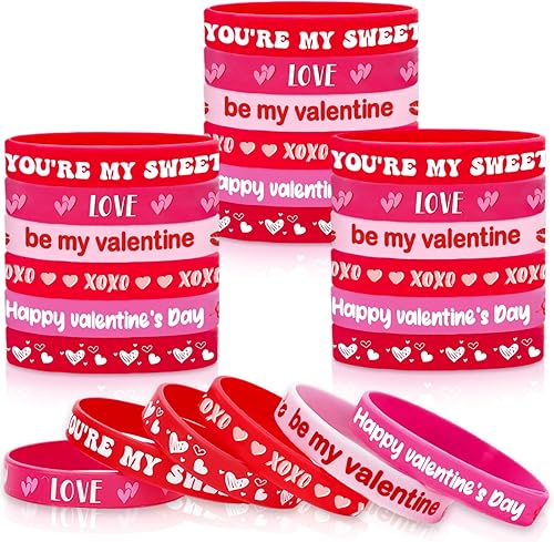 60 pulseras de silicona para el día de San Valentín, 6 diseños de corazón rojo y rosa con texto en inglés "You're My Sweet", pulseras de goma para