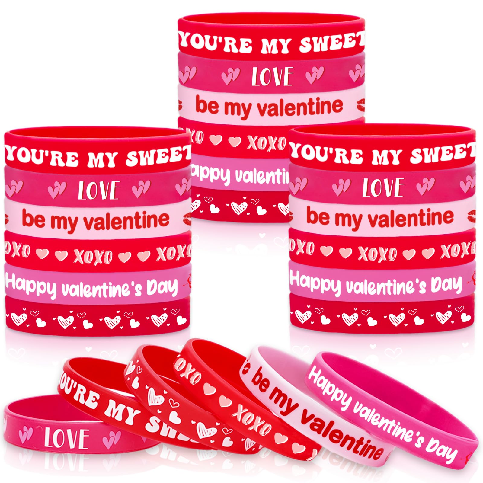 JarThenaAMCS60 Pcs Valentine's Day Silicone Wristband 6 Designs Red Pink Love Heart You're My Sweet Rubber Bracelets for Wedding Anniversary Birthday Party Favor Supplies