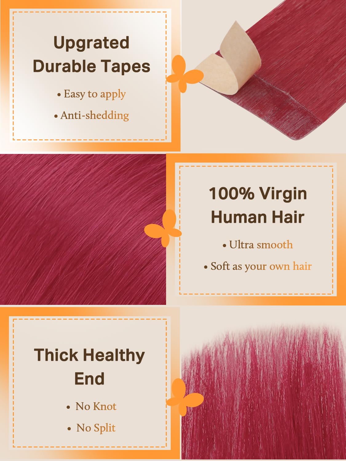 DOORES Tape in Hair Extensions Human Hair, Burgundy Red, 14 inches 10pcs 25g, HIGHLIGHT or SUPPLEMENT - Image 3
