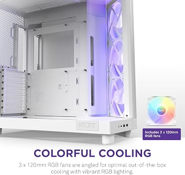 NZXT H6 Flow RGB Mid-Tower Airflow Case with 3 RGB Fans, Panoramic Glass Panels, and Cable Management - White | Dual-chamber ATX case with 3 pre-installed 120mm RGB fans and panoramic glass. CAM-ready lighting, airflow-first design.