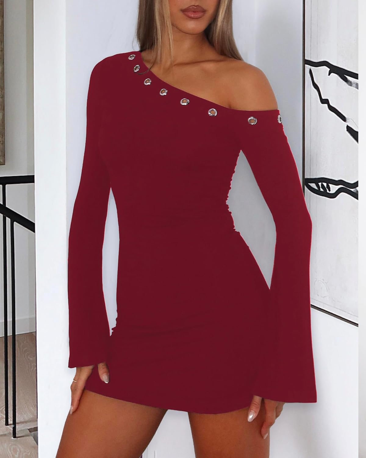 Women's One Shoulder Metal Ring Dresses Sexy Flared Long Sleeve Slim Fit Bodycon Going Out Club Party Y2K Mini Dress - Image 2