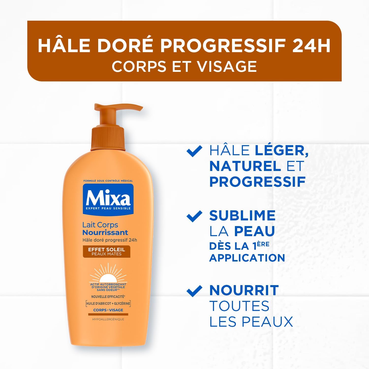 MIXA - Autobronzant - Lait Corps Nourrissant Effet Soleil - Autobronzant Progressif 24H - Nutrition - Beurre de Karité & Huile d’Abricot - Corps & Visage - Peaux Mates - 250ml — image 2