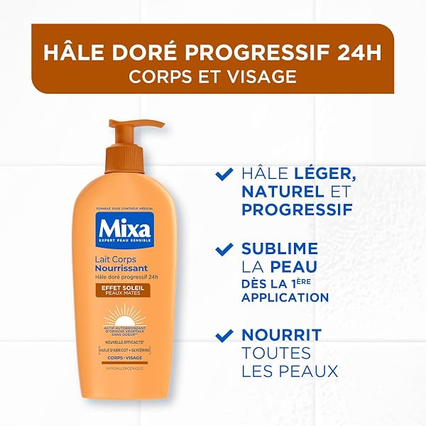MIXA - Autobronzant - Lait Corps Nourrissant Effet Soleil - Autobronzant Progressif 24H - Nutrition - Beurre de Karité & Huile d’Abricot - Corps & Visage - Peaux Mates - 250ml - 2