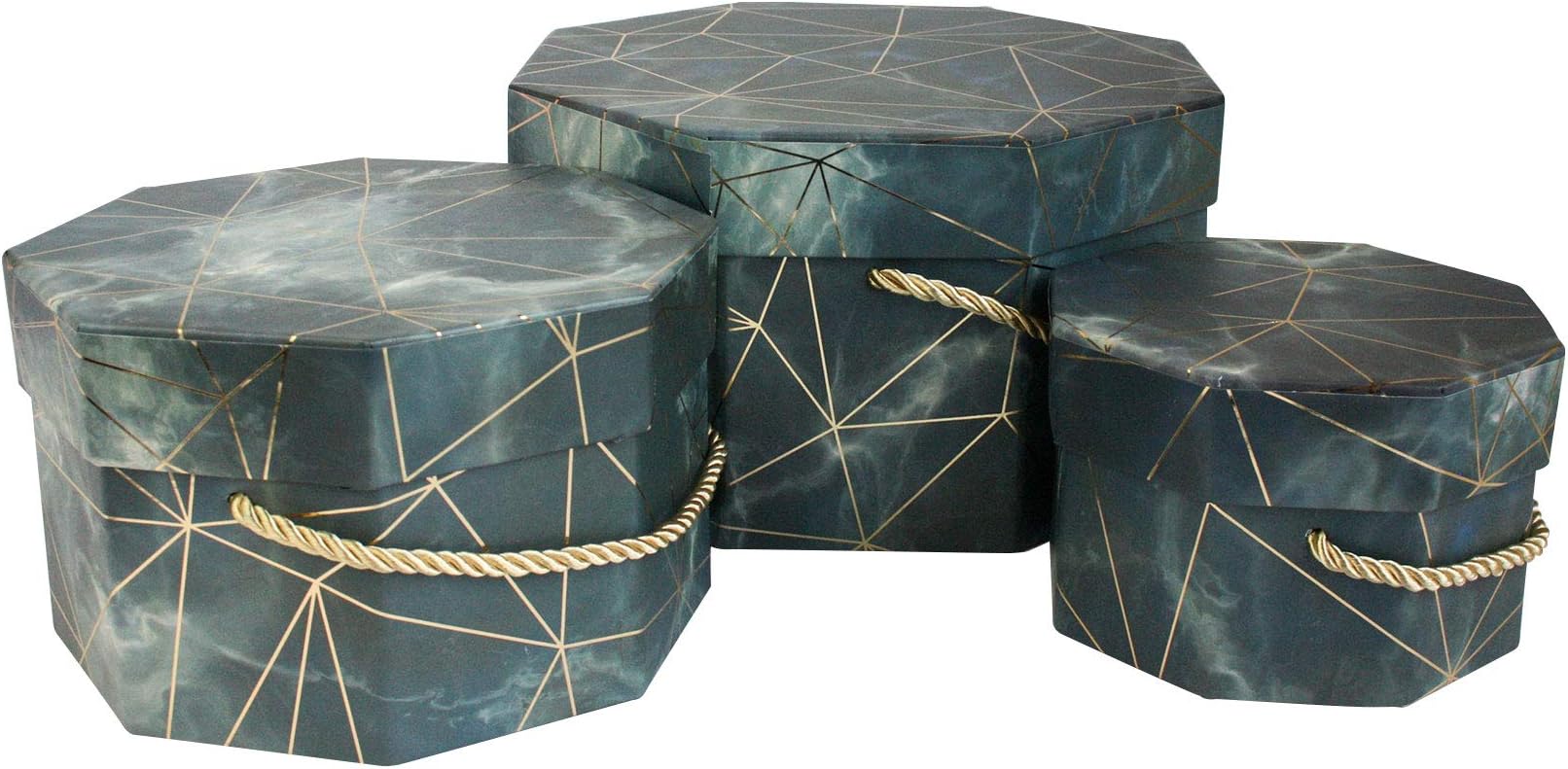 EmartbuySet of 3 Rigid Gift Box, Blue/Grey Marble Print with Golden Origami Lines and Gold Handle