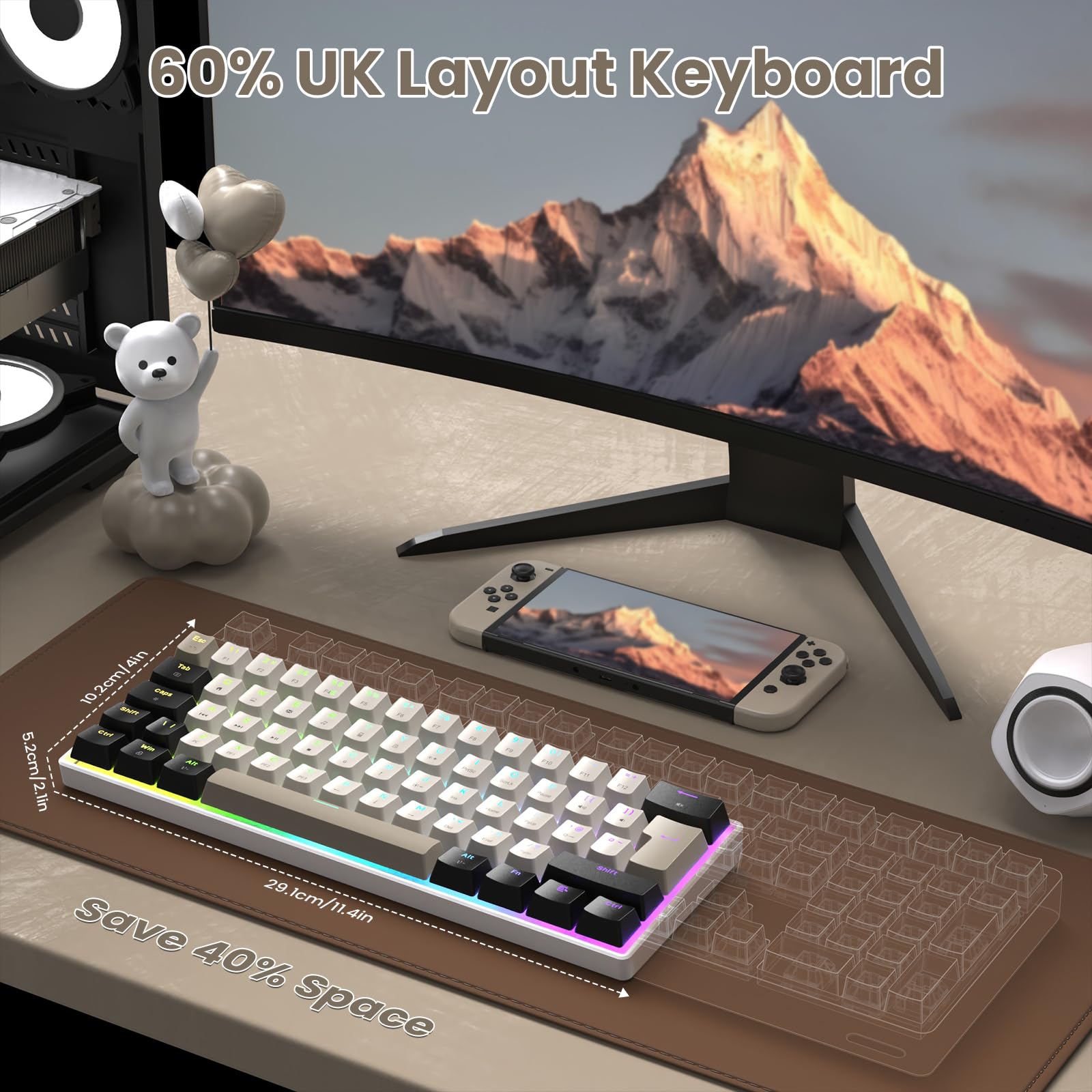 MAGIC-REFINER MK21 60% Przewodowe Mechaniczne Klawiatura Do Gier USB-C Układ UK QWERTY, Liniowe Czerwone Przełączniki, Hot Swappable, Ultra-Kompaktowe 62 Przyciski, RGB, Przycisk PBT, Starry White