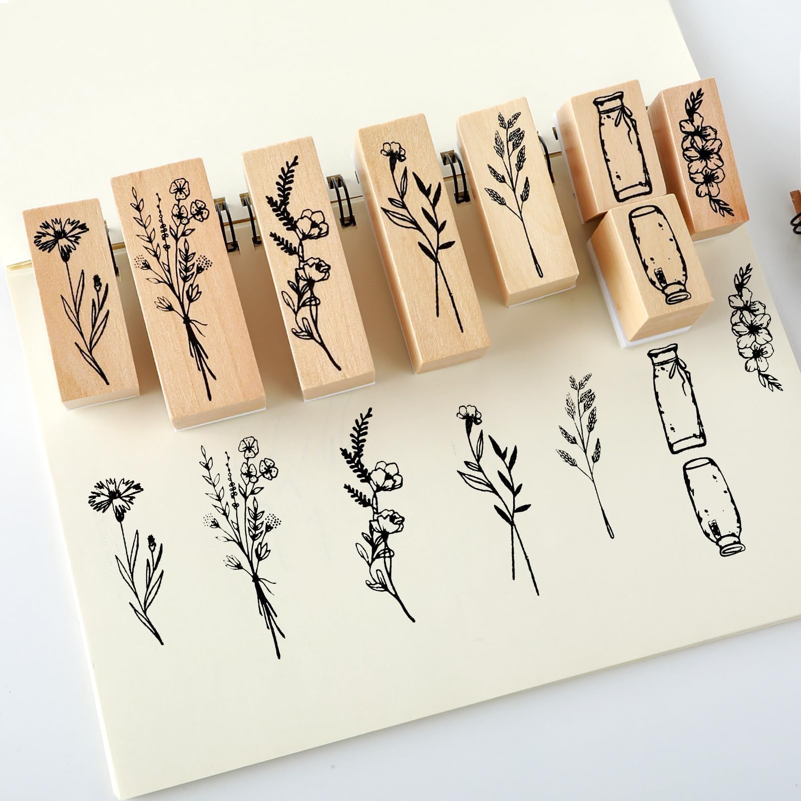 8 Piezas Madera Sellos,Goma Juego Sellos Flores Árboles Retro Personalizado Sellos Patrones Botánicos Sellos Entintado Manualidades,para Álbumes Recortes Diseño Tarjetas Pequeñas