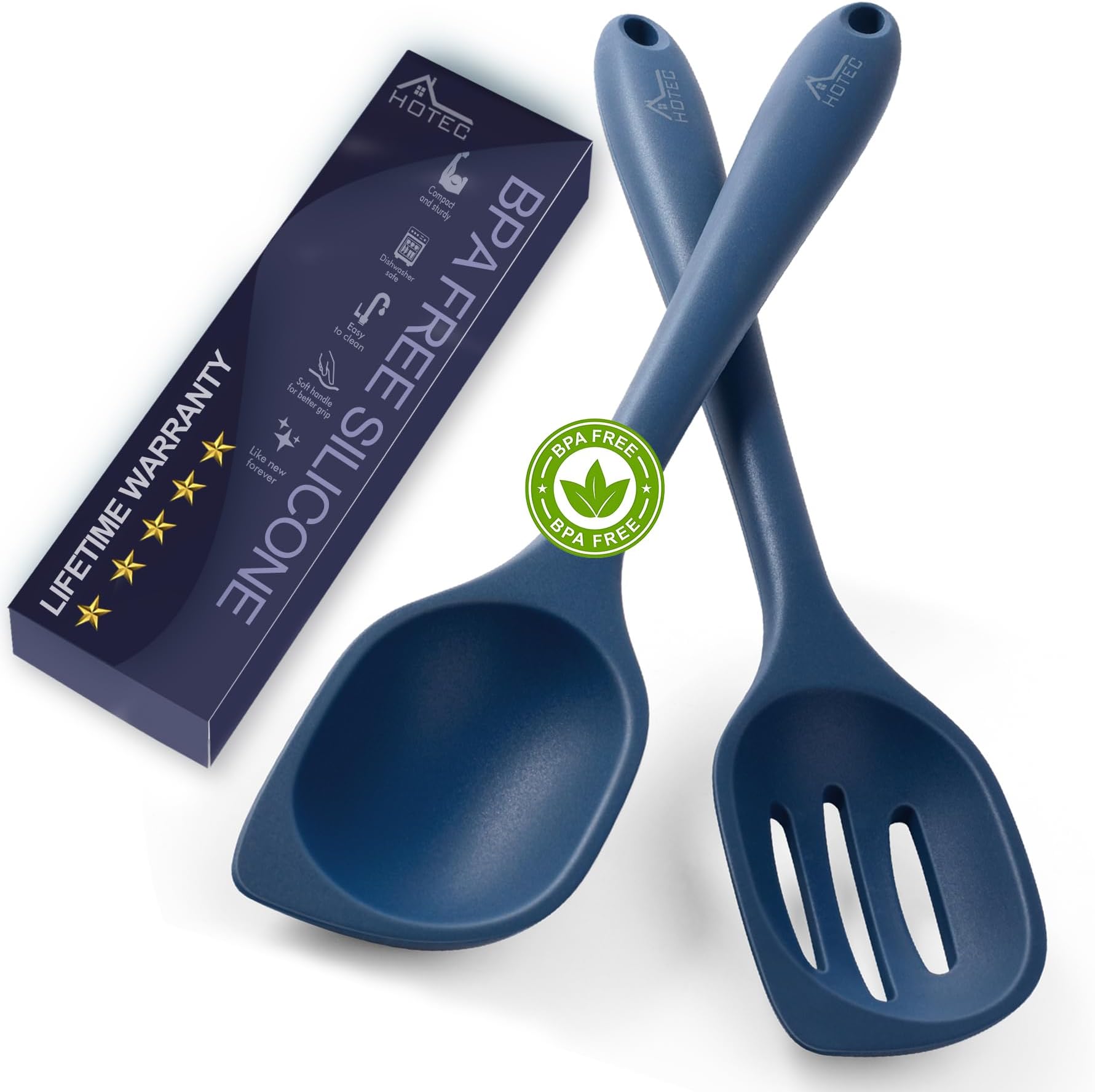 446°F Heat Resistant Silicone Cooking Spoon Spatula, BPA Free Large Kitchen Solid and Slotted Spoons for Mixing, Serving, Scraping, Non-stick, Dishwasher Safe Classic Blue 12.5inch
